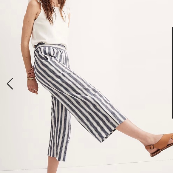 Madewell Pants - Madewell Huston Linen Blend Stripe Pull On Crop Pant Blue/White Size Med…